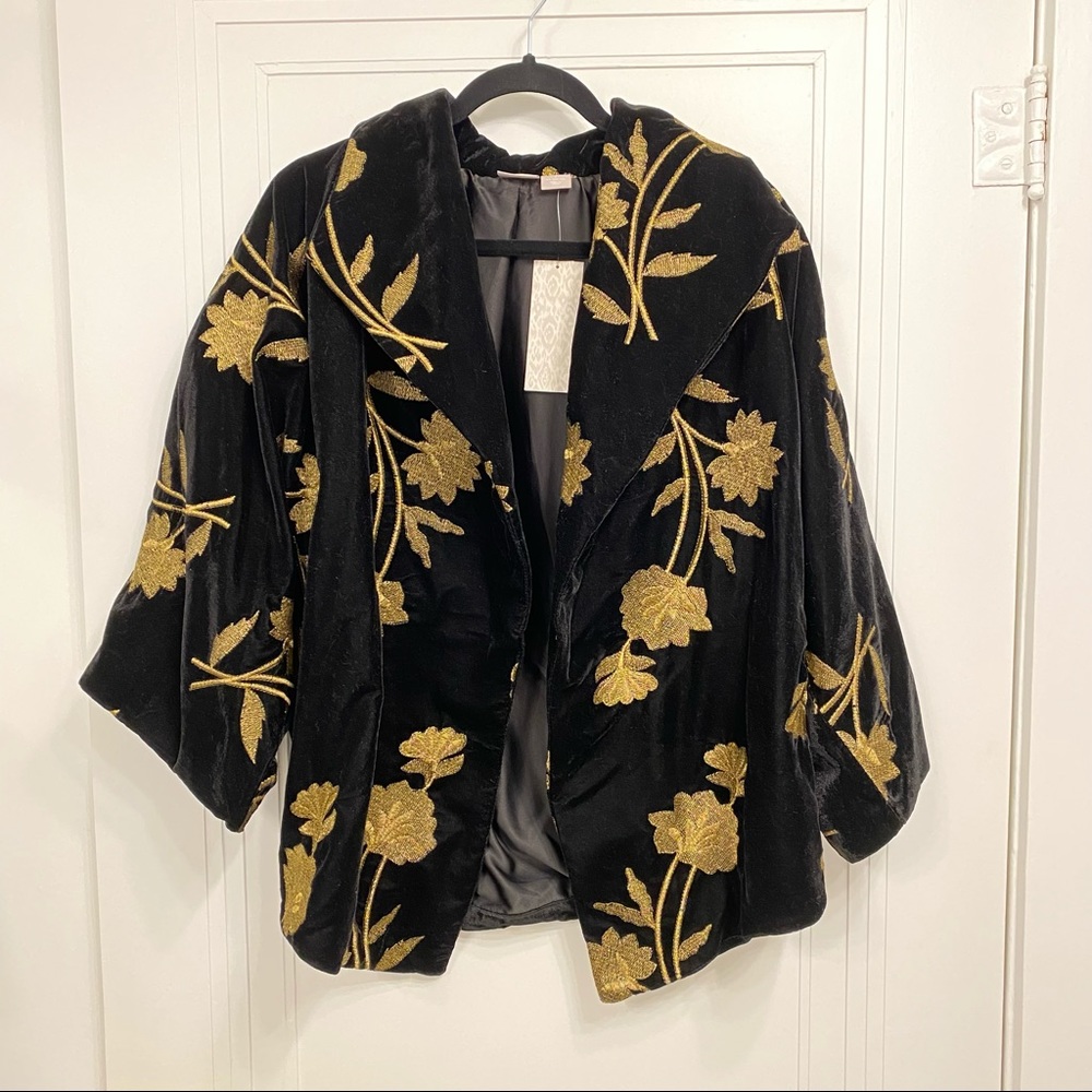 CHICOS BLACK LABEL Velvet Jacket Embroidered Gold Floral Ginkgo NWT